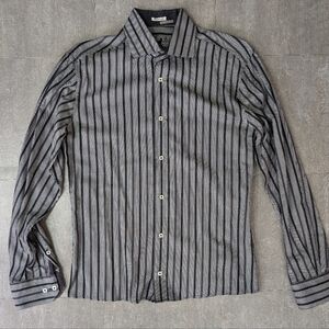 Mens Bugatchi Uomo Long Sleeve White Black Striped Button Up Shaped Fit Medium